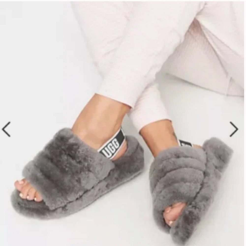 UGG Ladies Size 7 Grey Sling Back Fluff Sandals